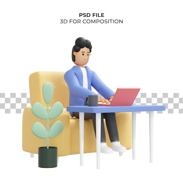 Man met krullend haar aan het werk zittend op een stoel met behulp van laptop freelancer 3d illustratie premium psd