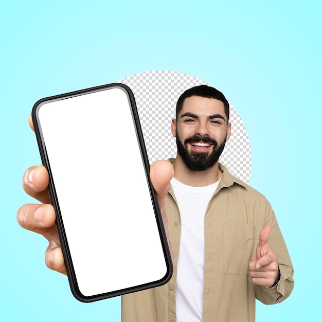 Man met smartphone en scherm te zien