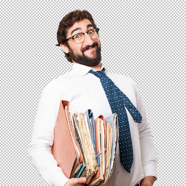 Man met veel mappen.
