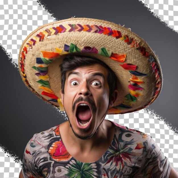 PSD man in mexican sombrero hat laughing alone on transparent background