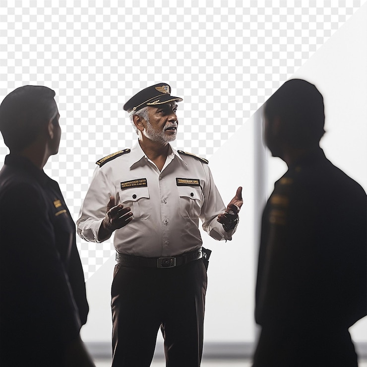 PSD a man in a military uniform is talking to two other men