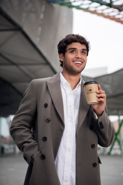 PSD man at modern urban clean spaces with cup mockup