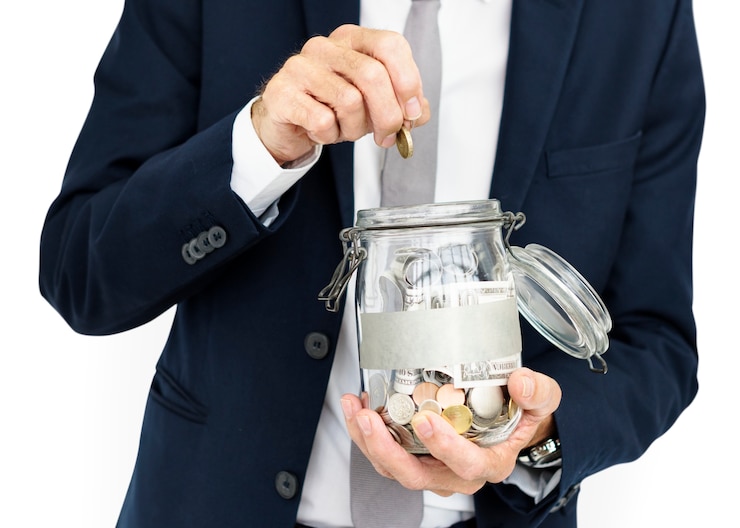 PSD man money box finance concept