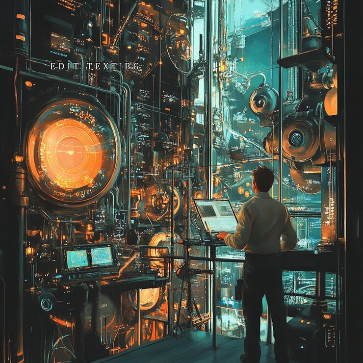 PSD man monitoring futuristic complex machinery and technology in a large industrial facility