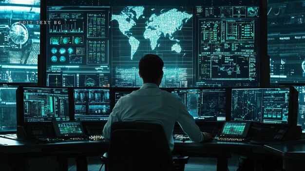man monitoring global network security on multiple screens in a dark control room