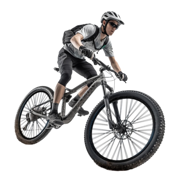 PSD man on a mountain bike in motion on white background ai generated image