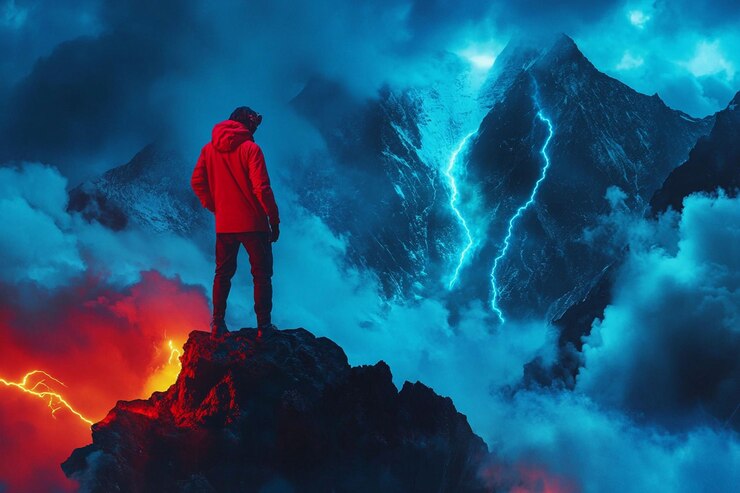 PSD man on mountain peak witnessing dramatic lightning storm