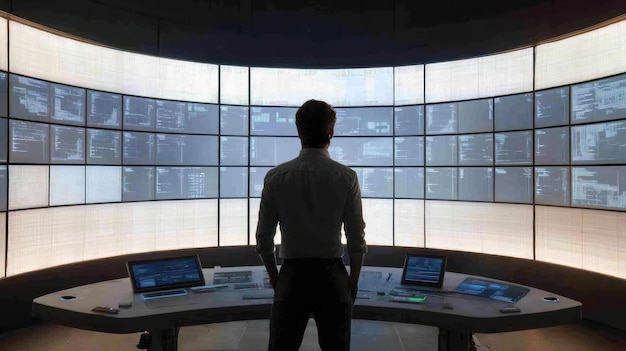 man observing data on a large curved screen display