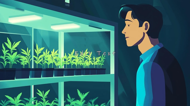 PSD man observing young plants in a grow room