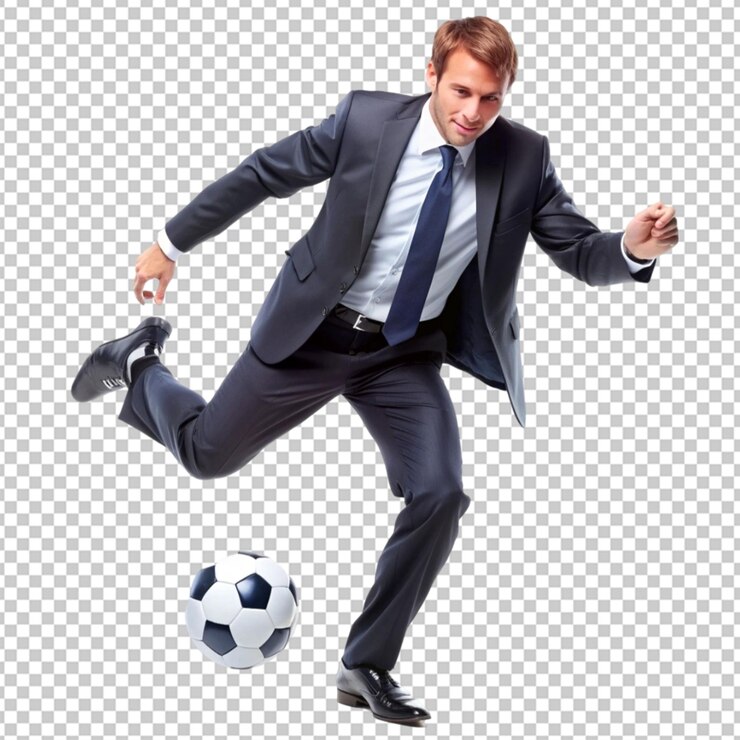 PSD man in office clothes playing football