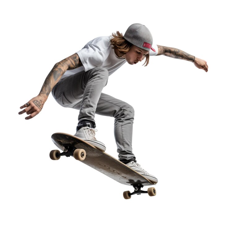 PSD man op een skateboard springen op witte achtergrond ai gegenereerde afbeelding
