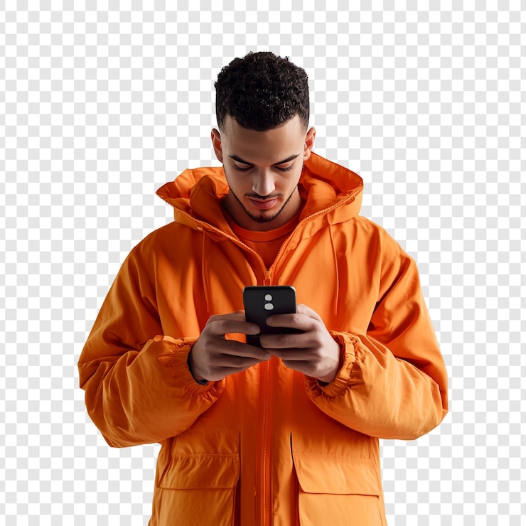 PSD man in orange jacket using phone