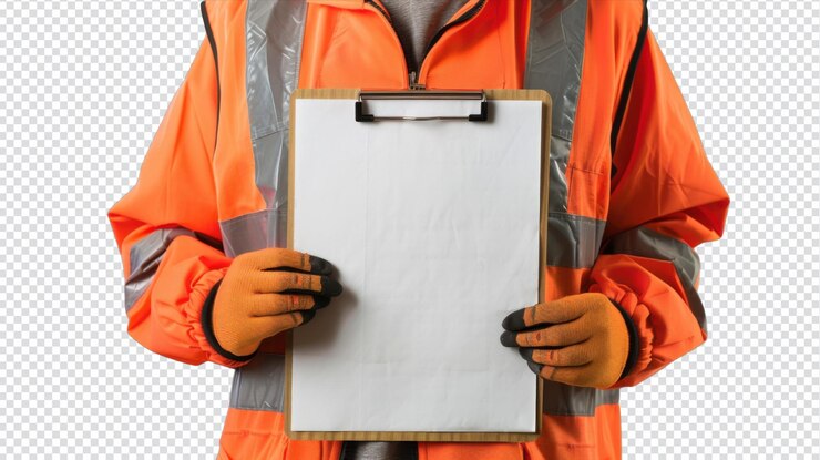 PSD a man in an orange safety vest holding a clipboard in an industrial setting