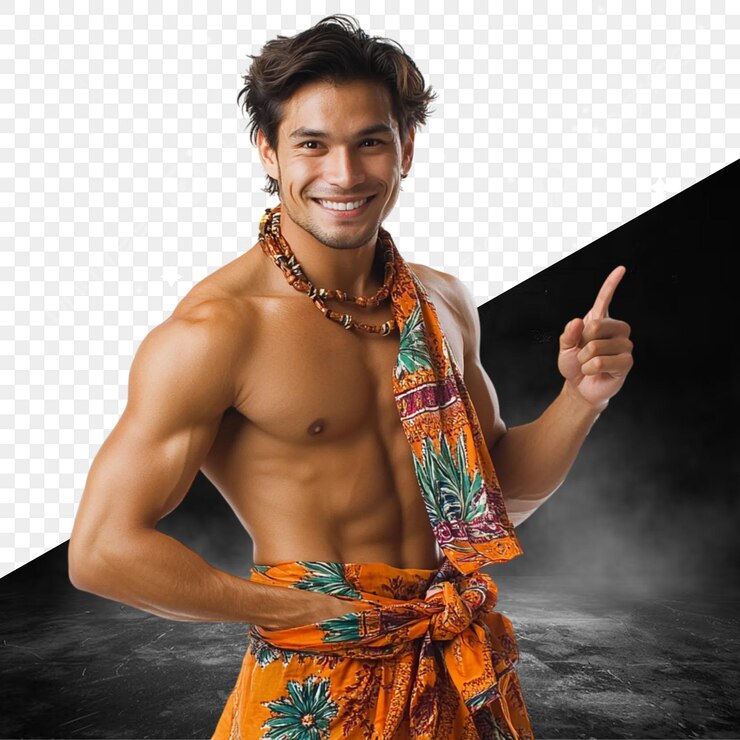 PSD a man in an orange sari poses for a photo