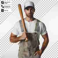 PSD a man in overalls holds a bat and looks at the camera