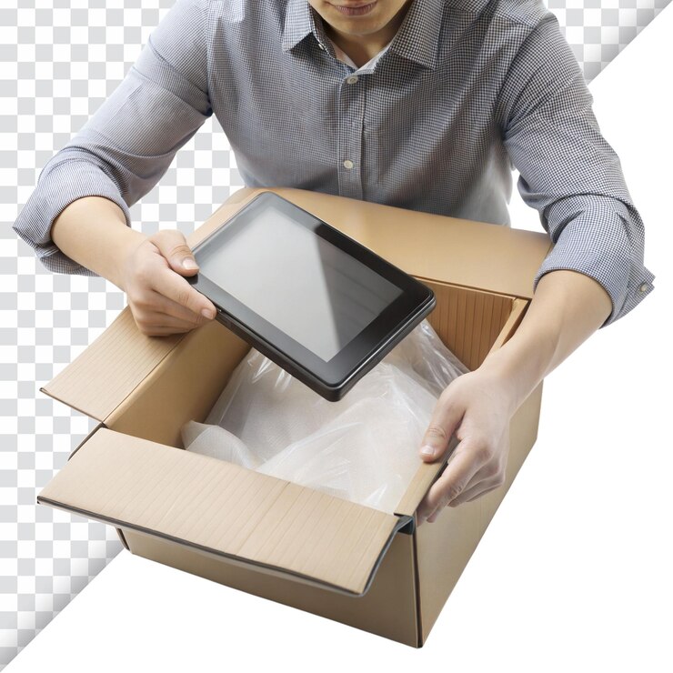 PSD man packing electronic tablet into box