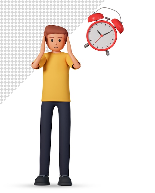 Man in panic hold his head and alarm clock is ringing above his head 3d illustration