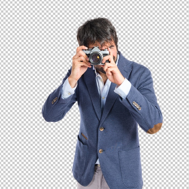 PSD man photographing over white background