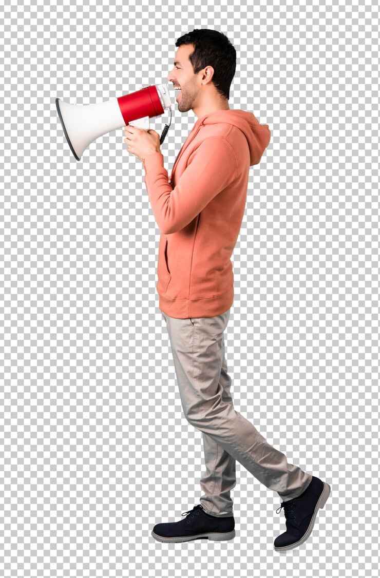 PSD man in a pink sweatshirt shouting through a megaphone to announce something in lateral position