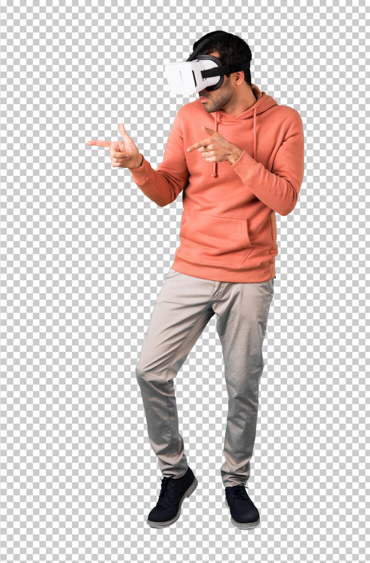PSD man in a pink sweatshirt using vr glasses. virtual reality experience