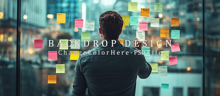 PSD man planning with sticky notes on glass wall