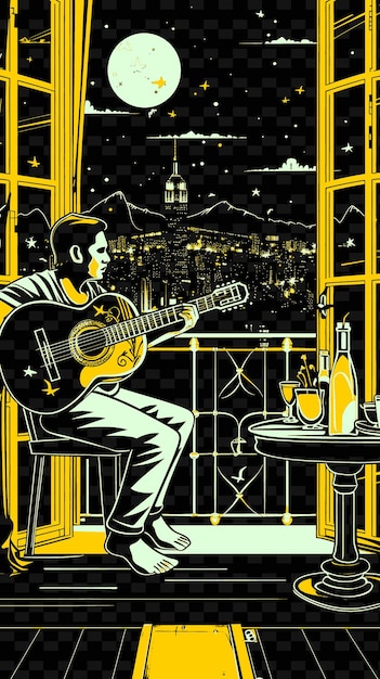 PSD a man playing a guitar in front of a window with a bottle of wine