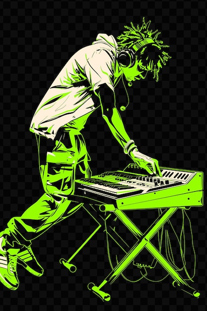 A man playing a keyboard with the green light on it