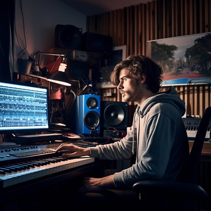 PSD a man playing music instruments ai image