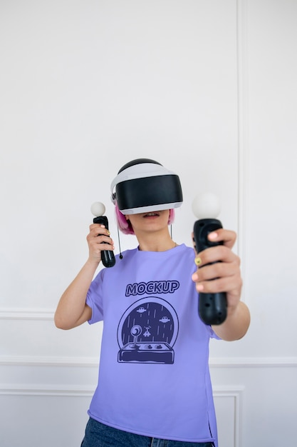 PSD man playing video games at home with vr headset