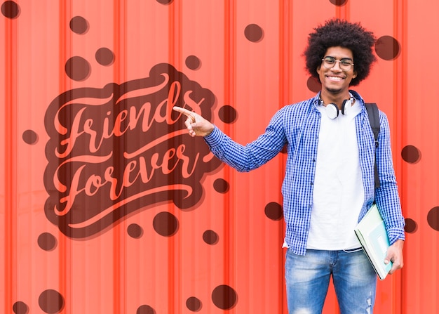 PSD man pointing at message for friends forever