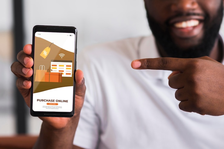 PSD man pointing at mobile