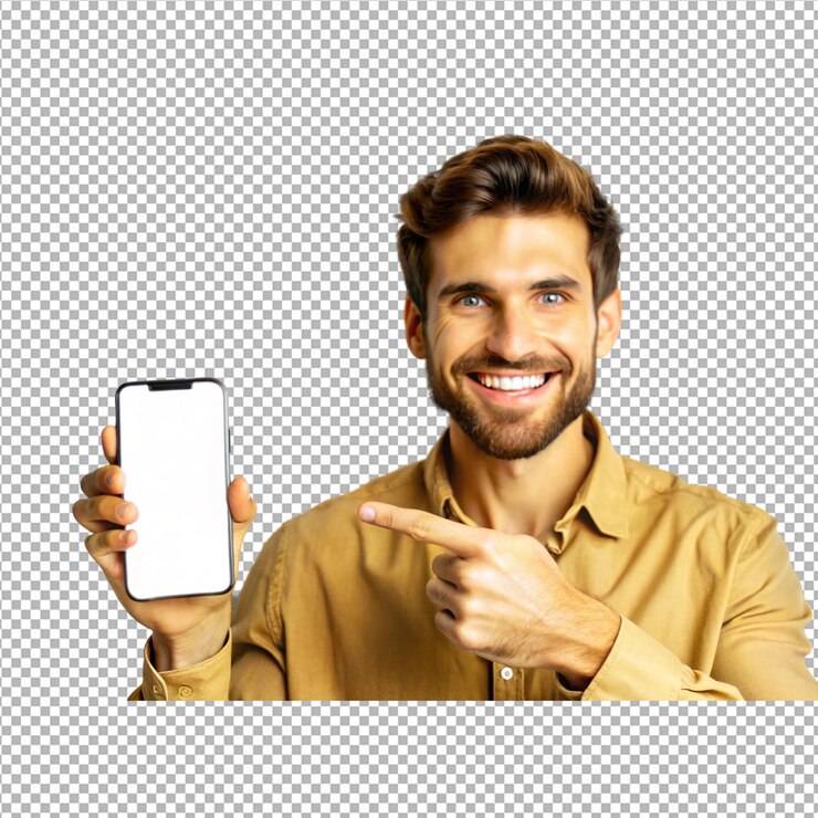 PSD a man pointing at a white phone with a picture of a man pointing at it