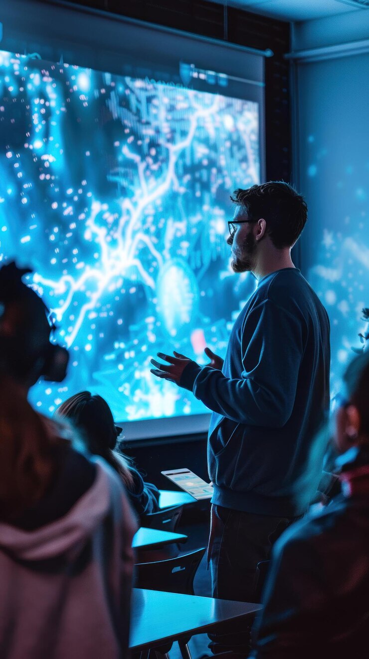 PSD man presenting data visualization on projector screen to audience