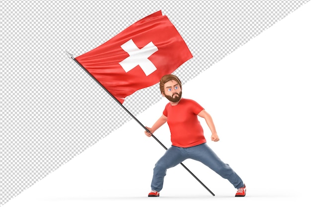 PSD man proudly holding flag of switzerland. isolated on white background. 3d rendering