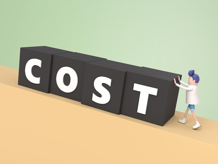 PSD man pushing cost word box costs optimization business concept 3d cartoon character
