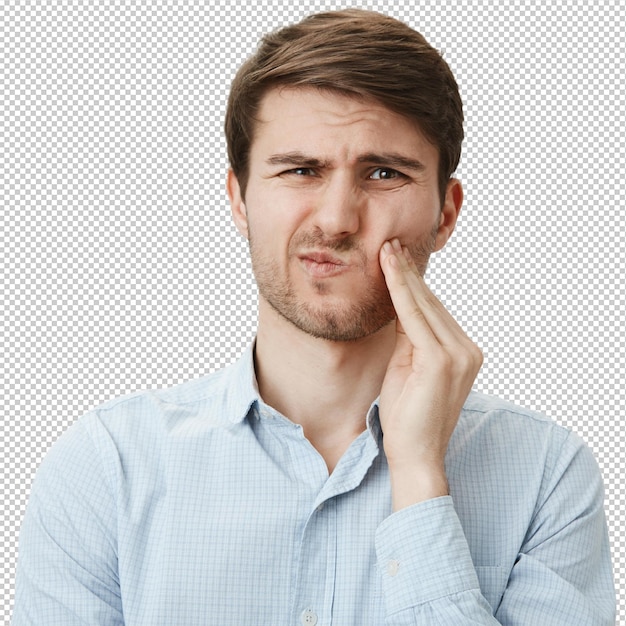 Man raakt wang en grimacing van pijn van tandpijn nodig tandarts