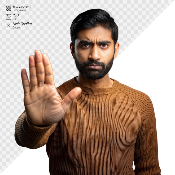 PSD man raising hand with a serious expression on transparent background