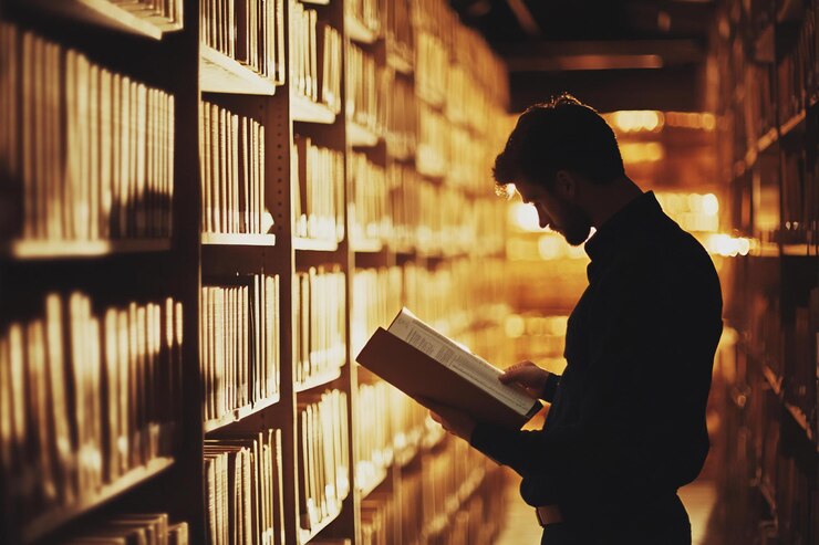 PSD a man reads a book in a dimly lit library aisle surrounded by towering bookshelves
