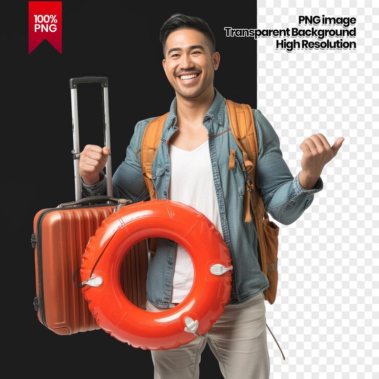 PSD man ready for vacation with backpack suitcase and life preserver