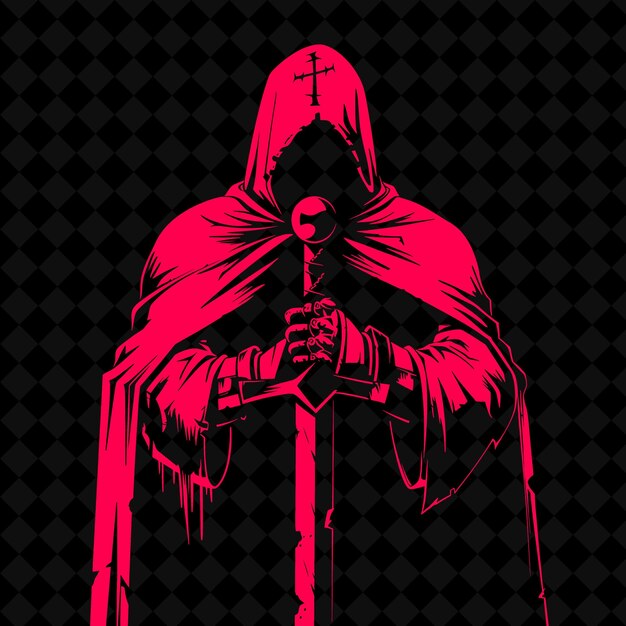 PSD a man in a red cloak stands in front of a black background with a sword in his hand