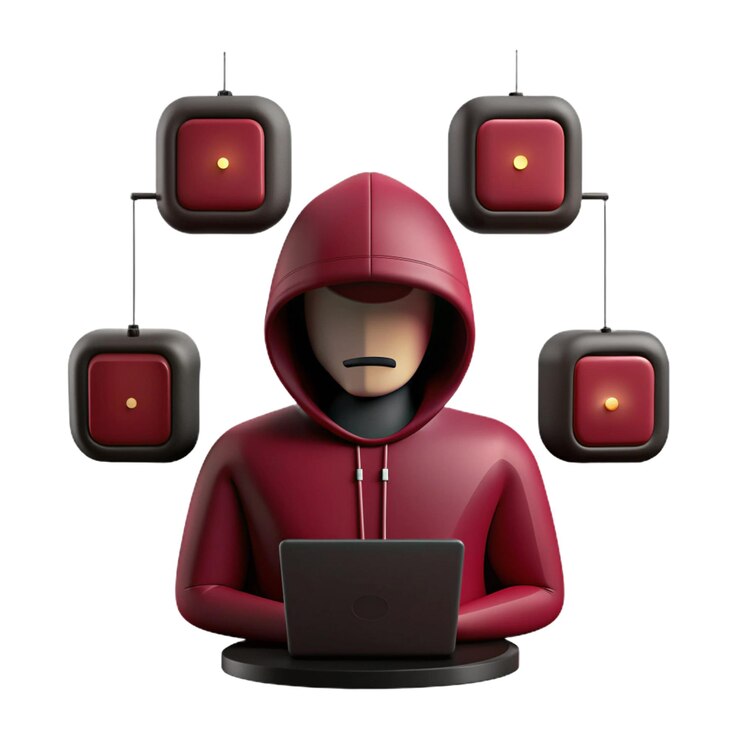 PSD a man in a red hoodie with three cubes on the screen
