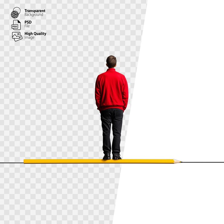PSD man in a red jacket standing on a pencil symbolizing balance and creativity on a transparent background