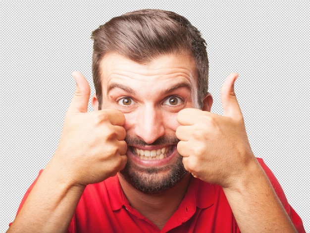 Man in red polo shirt with thumbs up