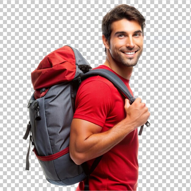 PSD a man in a red shirt carrying on transparent background