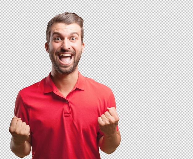 Man in red shirt celebrating