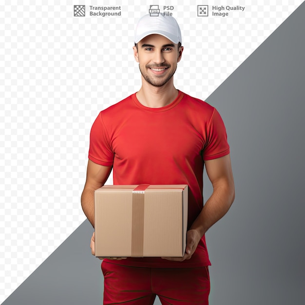 PSD a man in a red shirt holding a box that says 