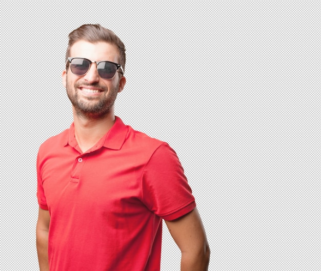 PSD man in red shirt with sunglasses