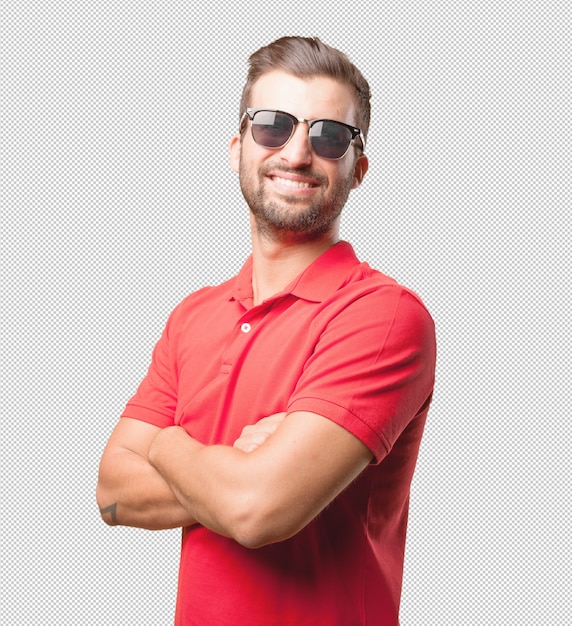 PSD man in red shirt with sunglasses