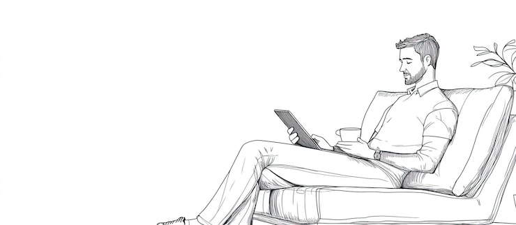 PSD man relaxing on a couch with a tablet and a cup