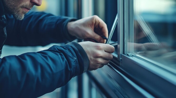 PSD man repairing window seal with a tool